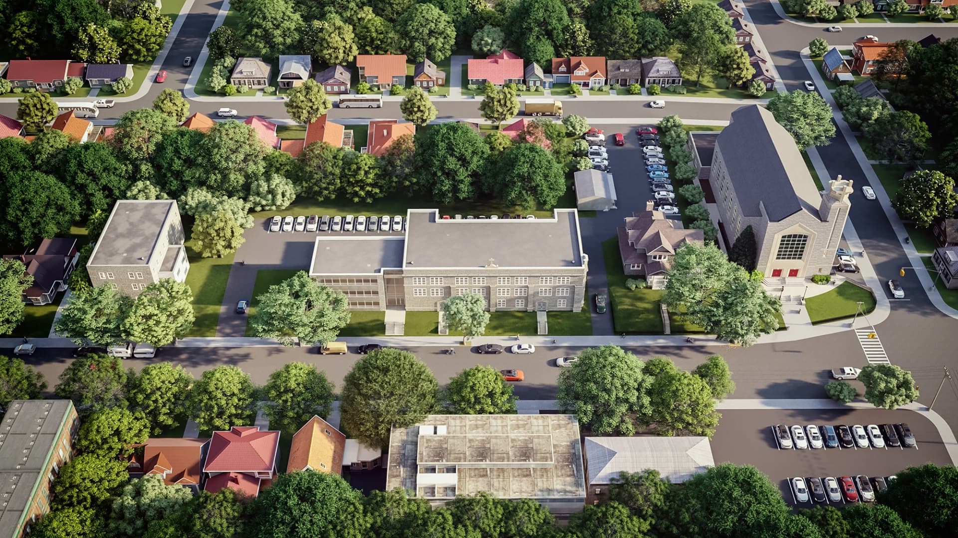 Aerial view of the AM campus, showing the dormitory, Immanuel Theological Seminary, the general office and the chapel